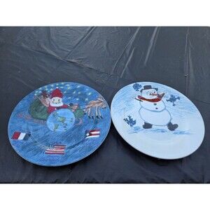 Christmas Village Kids Collection Dessert Plates Set of 2 Santa Snowman Vintage